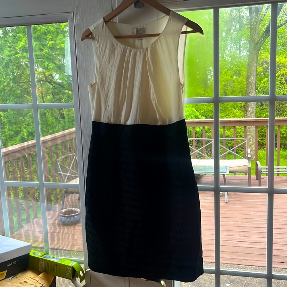 Ann Taylor Loft silk off white top with black bottom, side zip.